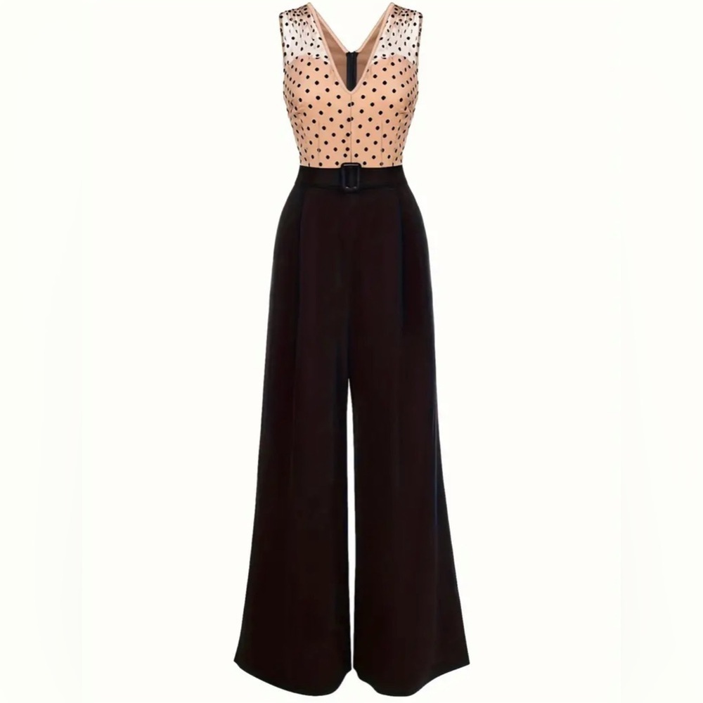 ✨NEW✨-RETRO POLKA DOT WIDE LEG BELTED JUMPSUIT - Picture 4 of 12